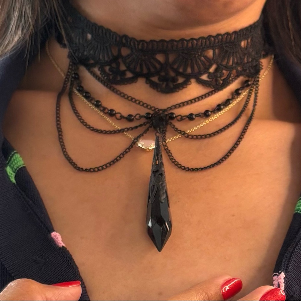 Othr Black Lace and Gold Chain Necklace
